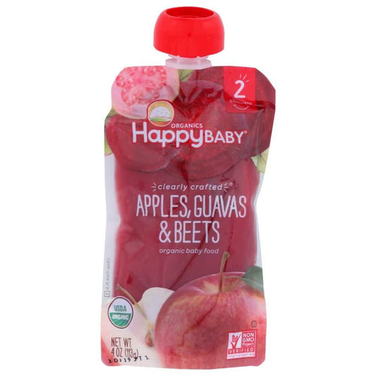 Organic baby food pouch, apples guavas beets blend, red packaging with fruit images