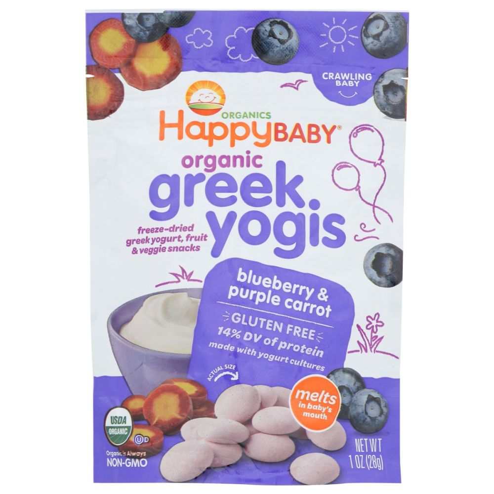 HappyBaby organic Greek yogis blueberry and purple carrot freeze-dried yogurt snacks pouch