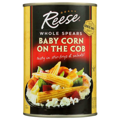 Baby Corn On The Cob Reese whole spears in a bowl, tender and crunchy miniature corn cobs ready to use