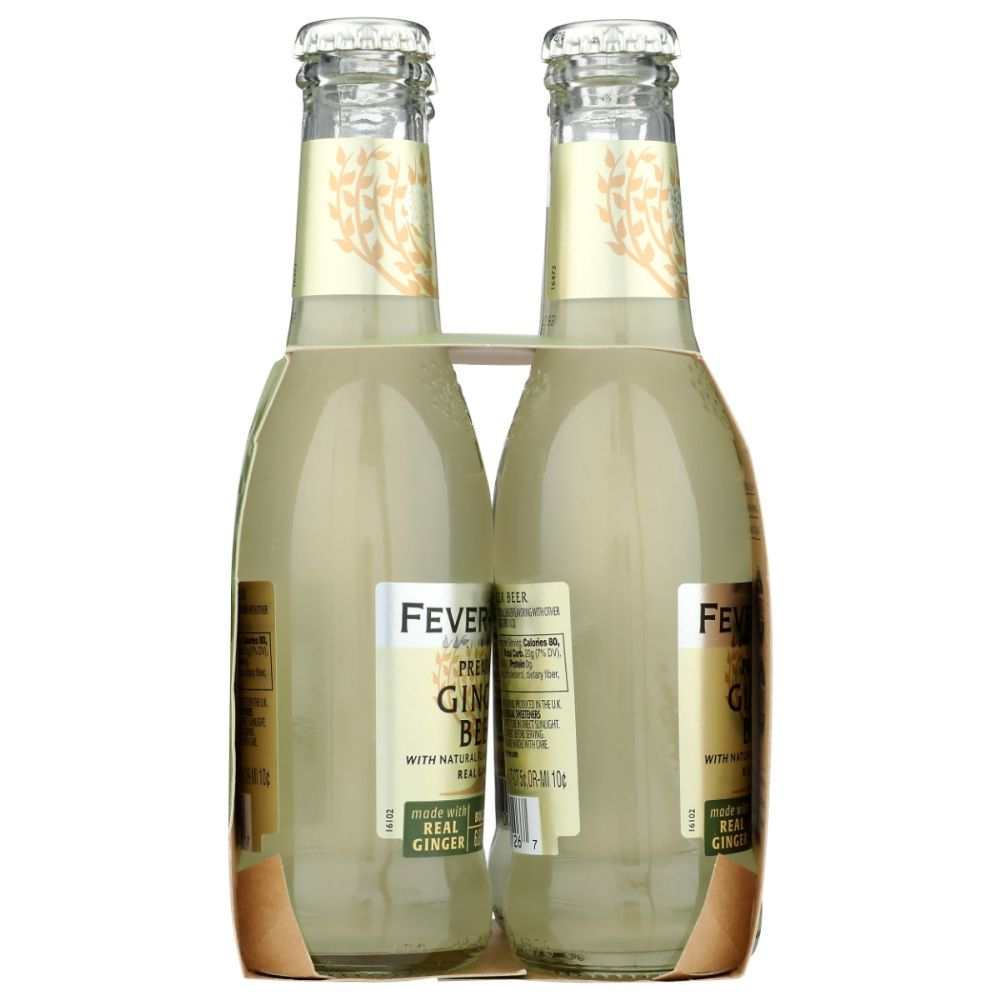 Four-pack of Fever-Tree ginger beer bottles with natural ingredients, front view