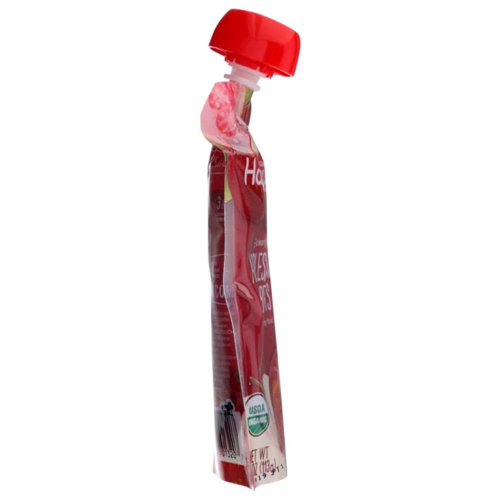 Red organic fruit puree pouch with twist cap and USDA Organic label