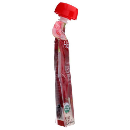 Red organic fruit puree pouch with twist cap and USDA Organic label