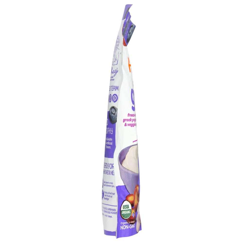 Side view of a pouch of organic non-GMO freeze-dried yogurt and fruit snack