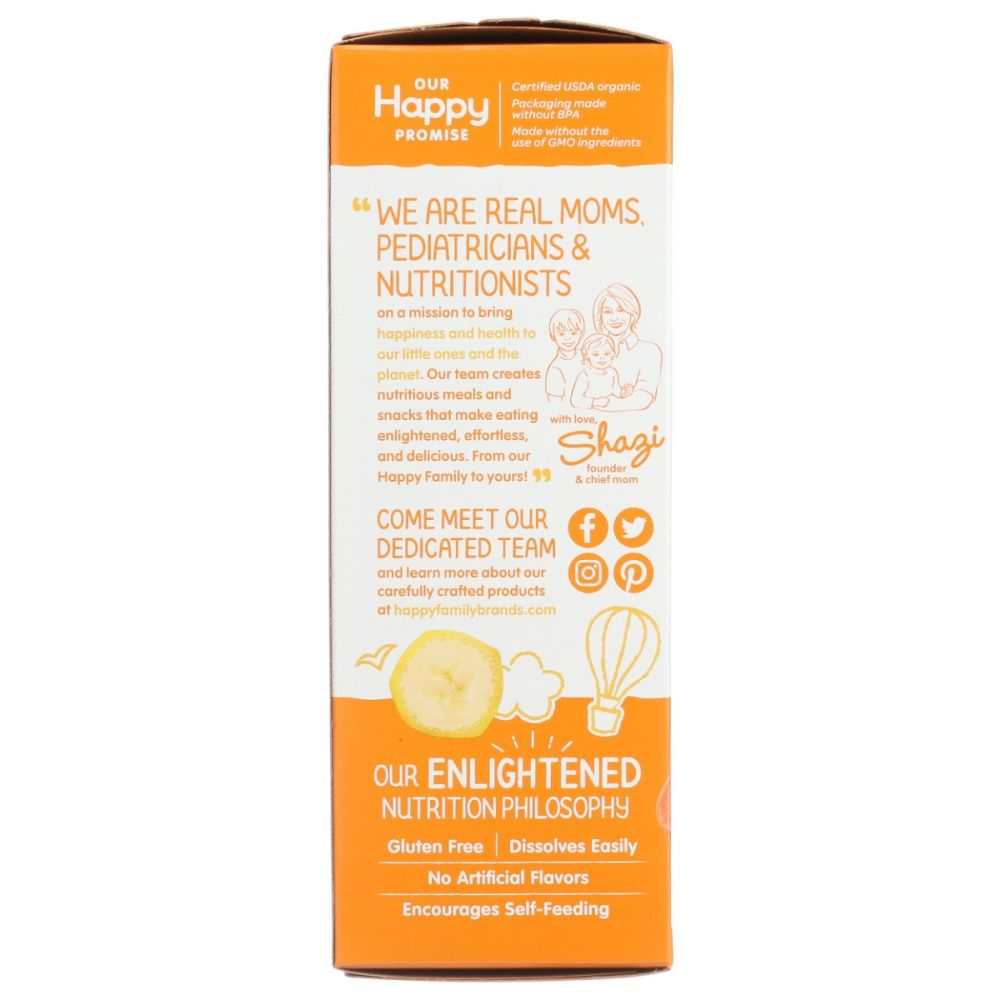 Happy Family product box side with nutrition claims, family illustration, and social media icons