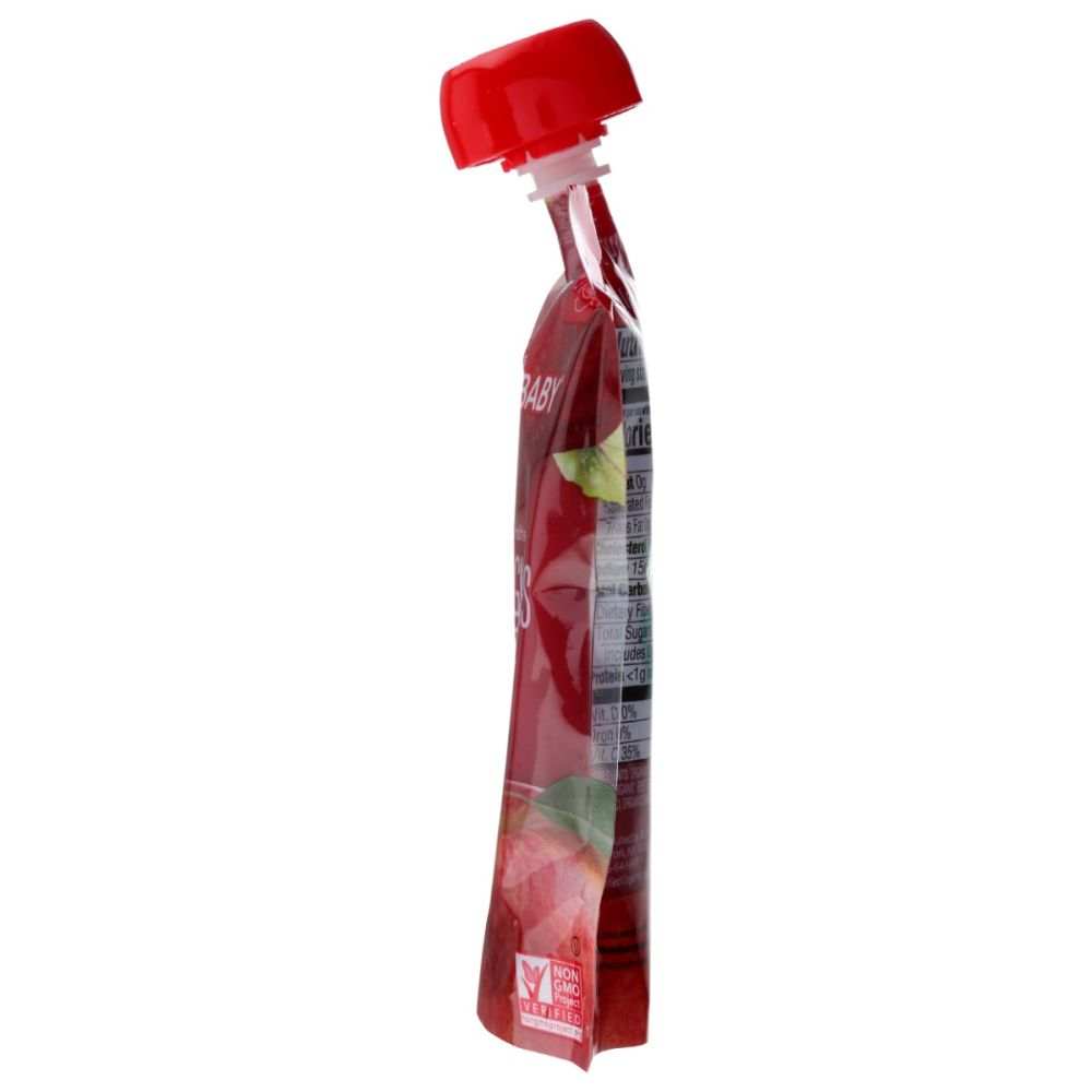 Side view of a red fruit puree pouch with screw cap and nutrition label