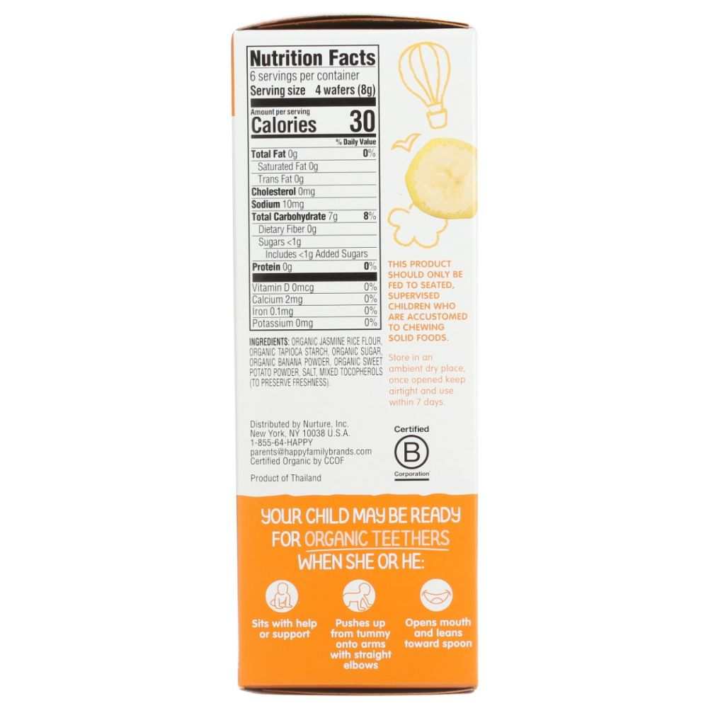 Back of organic baby teether snack box showing nutrition facts, ingredients, and readiness guide.