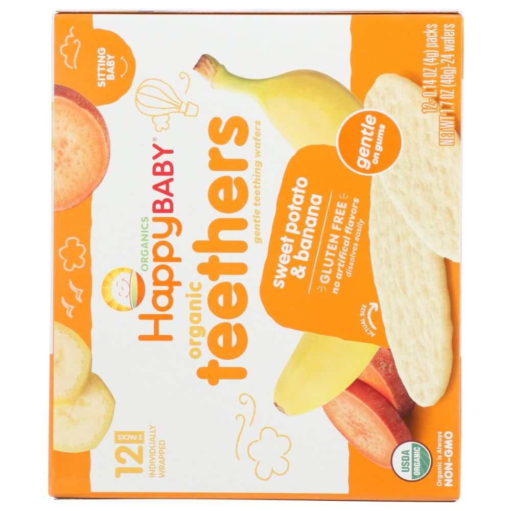 Happy Baby organic teething wafers box, sweet potato banana flavor, gluten-free