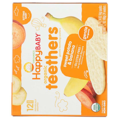 Happy Baby organic teething wafers box, sweet potato banana flavor, gluten-free