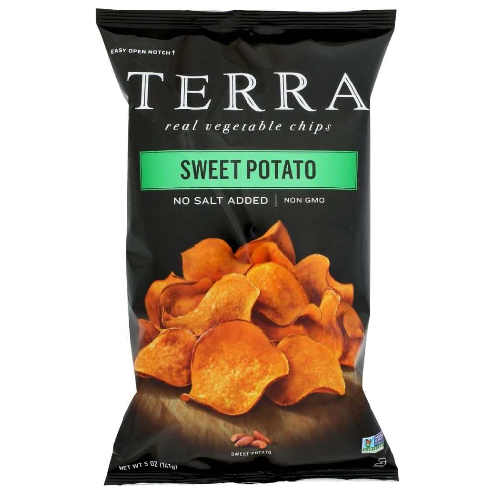 Bag of TERRA CHIPS sweet potato chips showcasing colorful, real vegetable kettle-cooked snacks