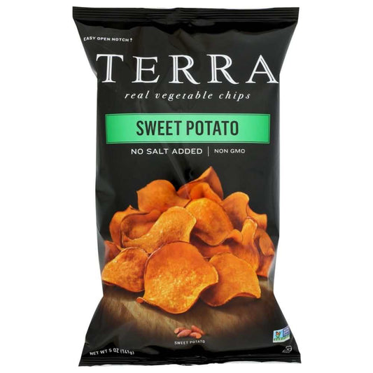 Bag of TERRA CHIPS sweet potato chips showcasing colorful, real vegetable kettle-cooked snacks