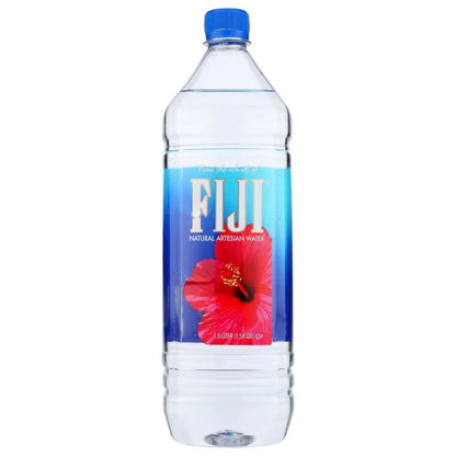 FIJI natural artesian water 1.5 liter plastic bottle with red hibiscus flower label