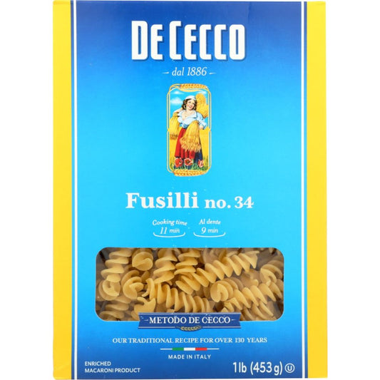 DE CECCO: Fusilli No 34 Pasta, 16 oz - SMART GREENS