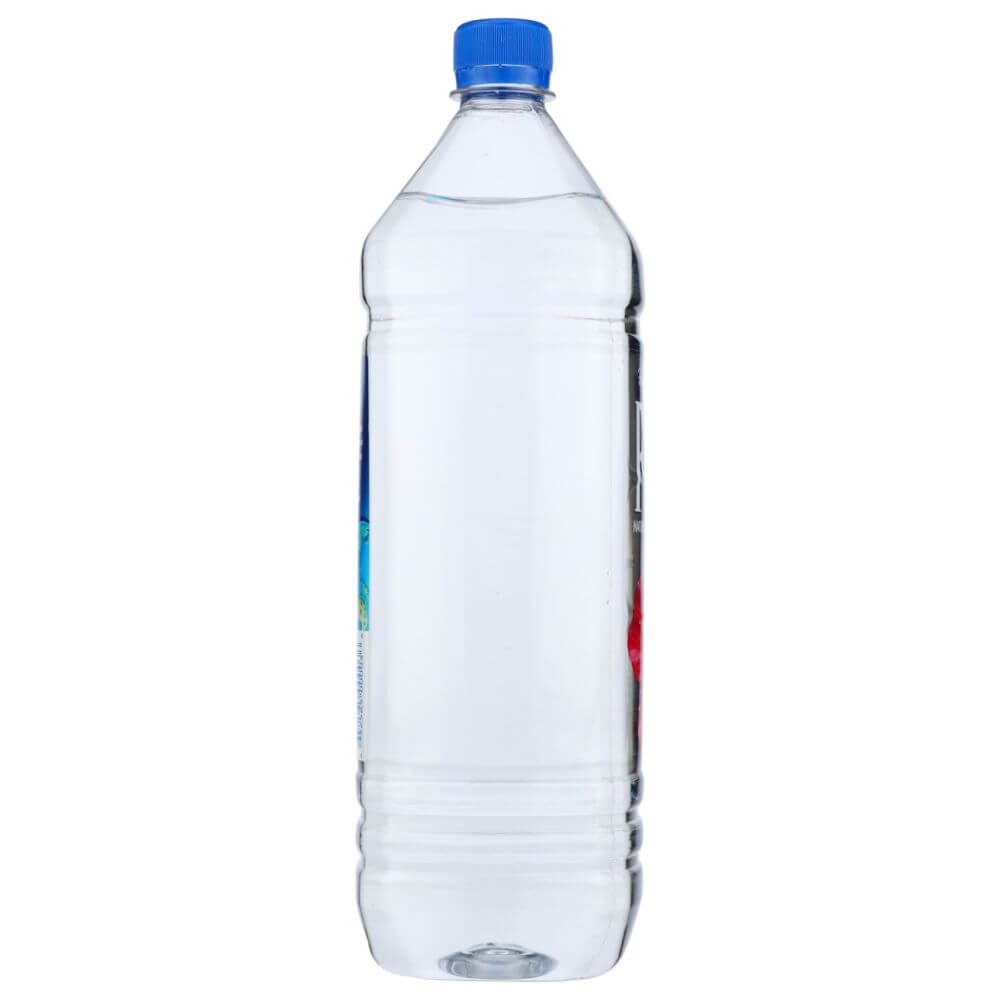 Clear plastic water bottle with blue cap on white background, wellness hydration product