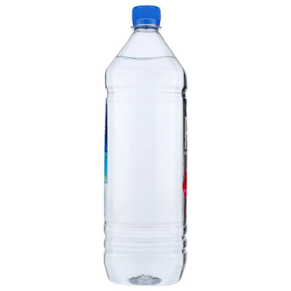 Clear plastic water bottle with blue cap on white background, wellness hydration product