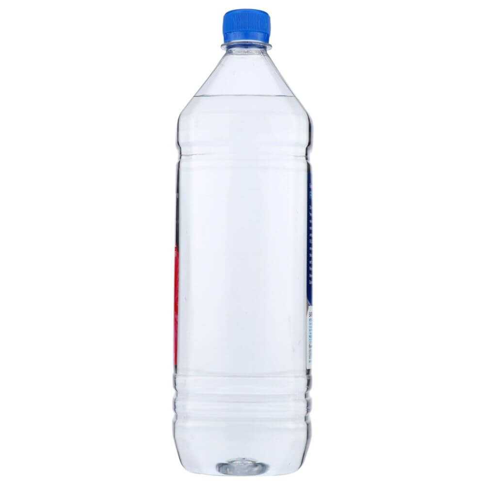 Clear plastic water bottle with blue cap, isolated on white background