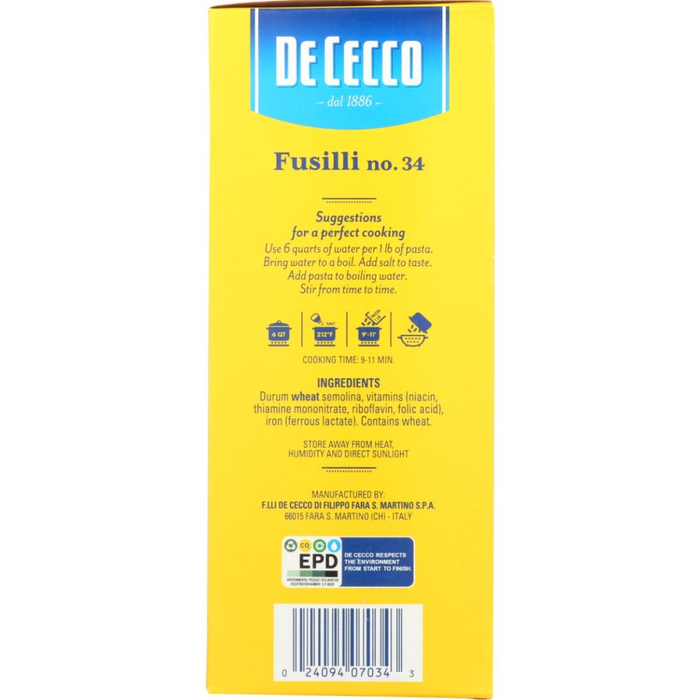 DE CECCO: Fusilli No 34 Pasta, 16 oz - SMART GREENS