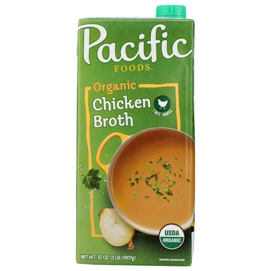 PACIFIC FOODS Organic Free Range Chicken Broth 32oz carton with rich, flavorful golden broth made from organic free-range chickens and vegetables