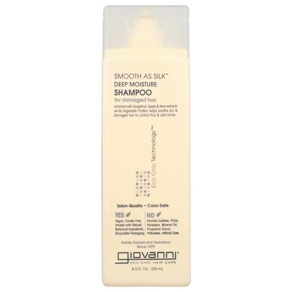 Giovanni Cosmetics Smooth As Silk Deep Moisture Shampoo 8.5 oz bottle with pearlized formula and aloe extract