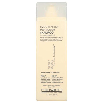 Giovanni Cosmetics Smooth As Silk Deep Moisture Shampoo 8.5 oz bottle with pearlized formula and aloe extract