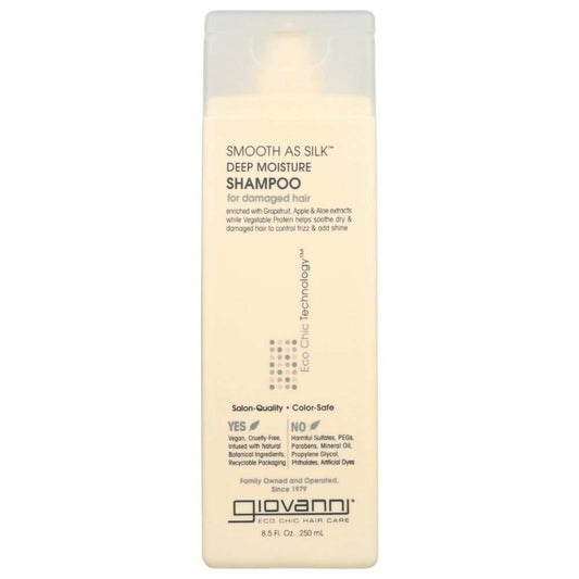 Giovanni Cosmetics Smooth As Silk Deep Moisture Shampoo 8.5 oz bottle with pearlized formula and aloe extract