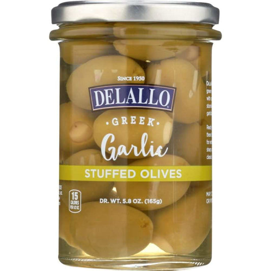 Jar of DeLallo Garlic Stuffed Olives with green Halkidki olives and white garlic cloves