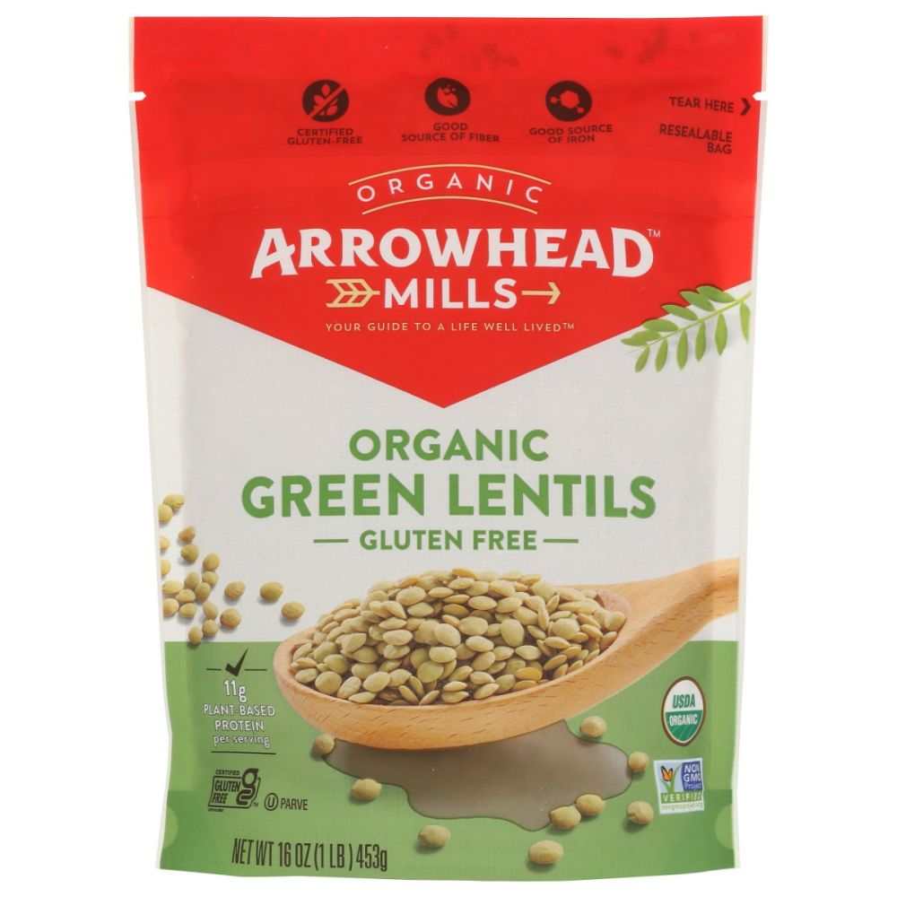ARROWHEAD MILLS Organic Green Lentils 16 oz package for soups and side dishes