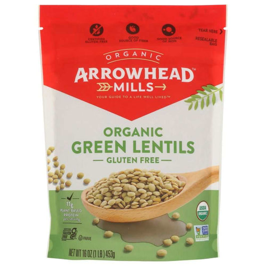 ARROWHEAD MILLS Organic Green Lentils 16 oz package for soups and side dishes