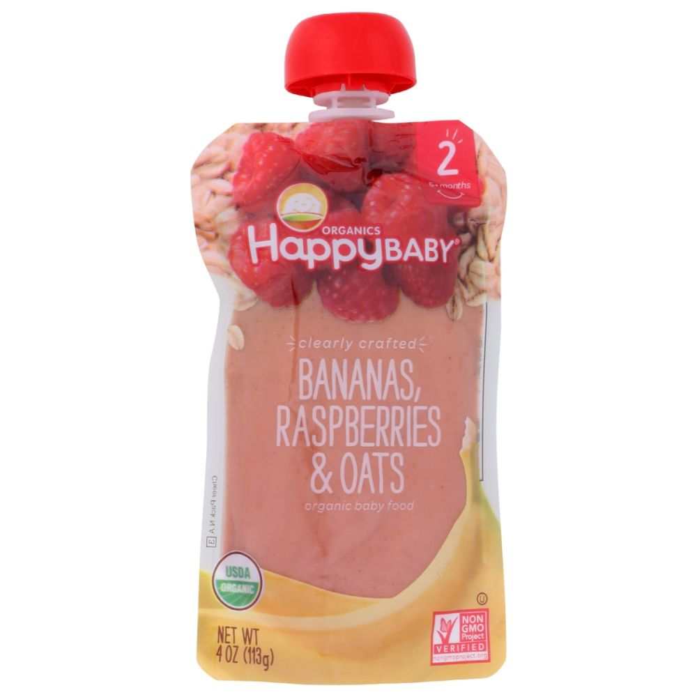Organic baby food pouch with bananas, raspberries, and oats, USDA certified, 4 oz