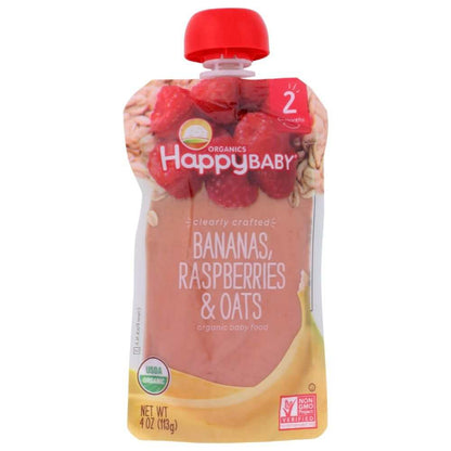 Organic baby food pouch with bananas, raspberries, and oats, USDA certified, 4 oz