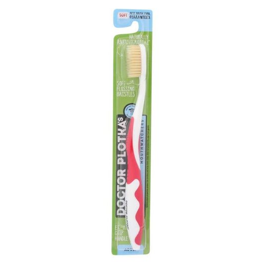 MOUTH WATCHERS adult manual toothbrush with dual-layered flossing bristles in red color