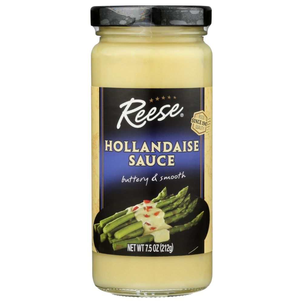 Jar of REESE Hollandaise Sauce with creamy texture, perfect for vegetables and Eggs Benedict