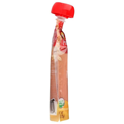 Organic food puree pouch with red cap, side view, showing USDA organic seal