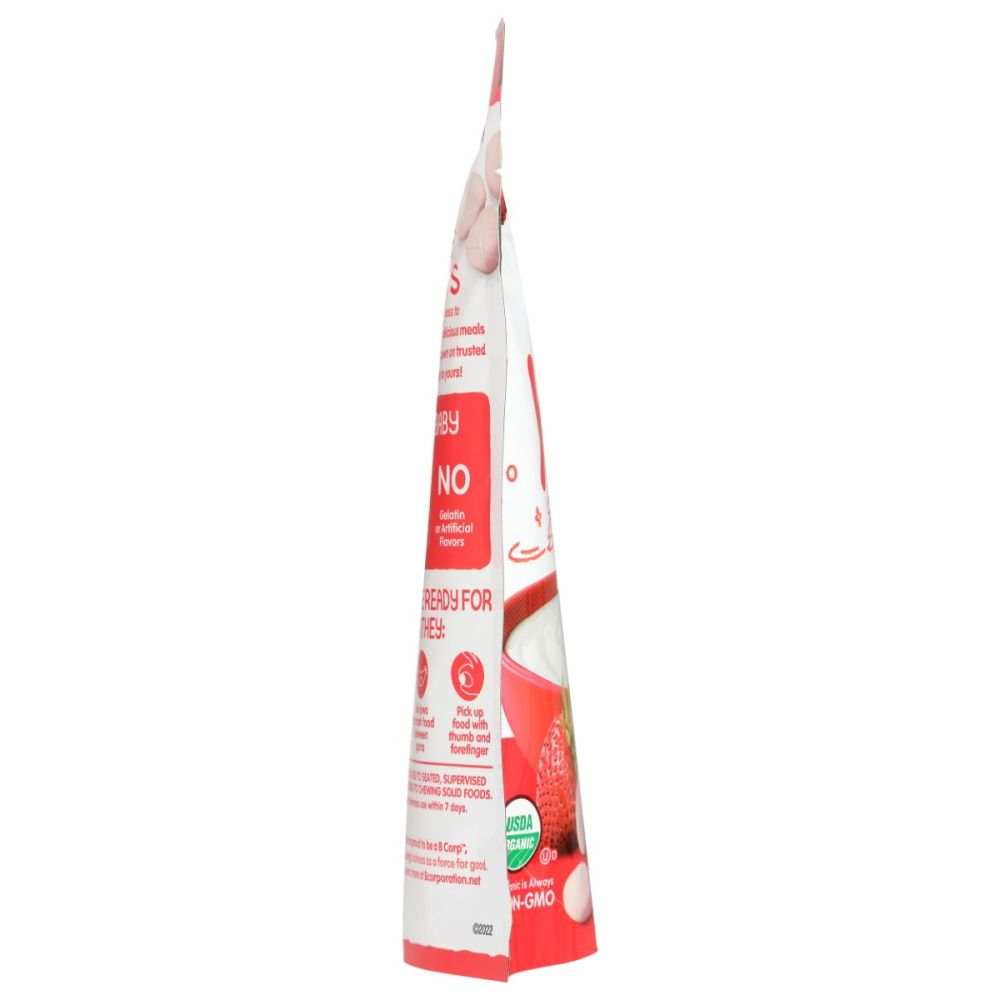 Side view of organic strawberry baby food pouch, partially showing USDA organic label