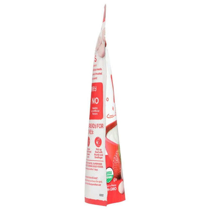 Side view of organic strawberry baby food pouch, partially showing USDA organic label