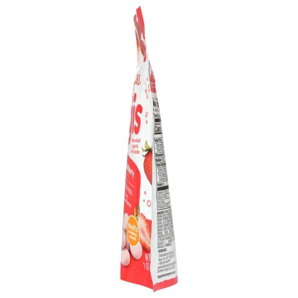 Side view of strawberry freeze-dried yogurt snack pouch with nutrition label visible