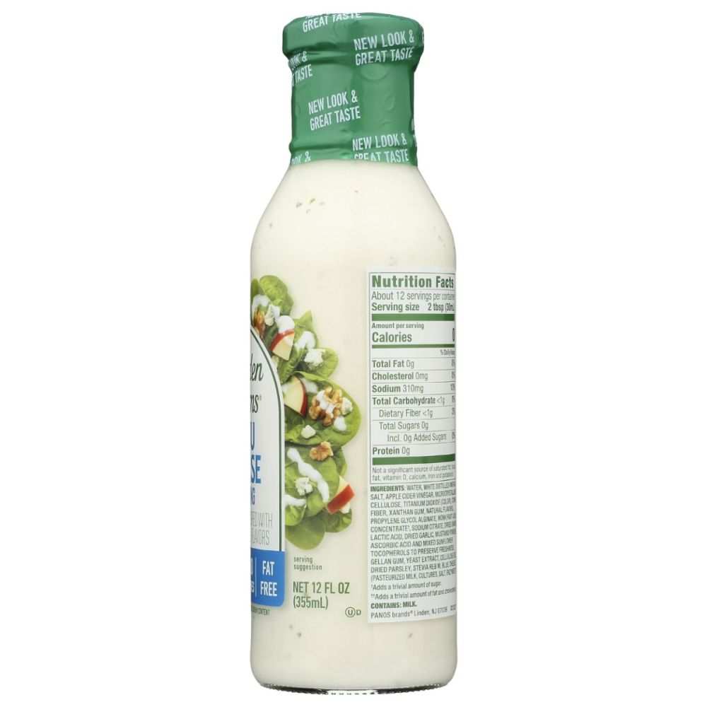 WALDEN FARMS Bleu Cheese Zero Calorie Dressing bottle with wings and salad background