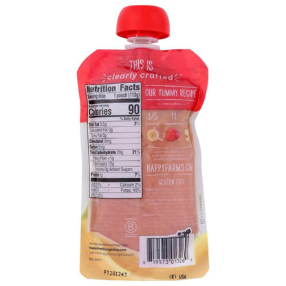 Back of fruit puree pouch with nutrition facts, red cap, and gluten free labeling