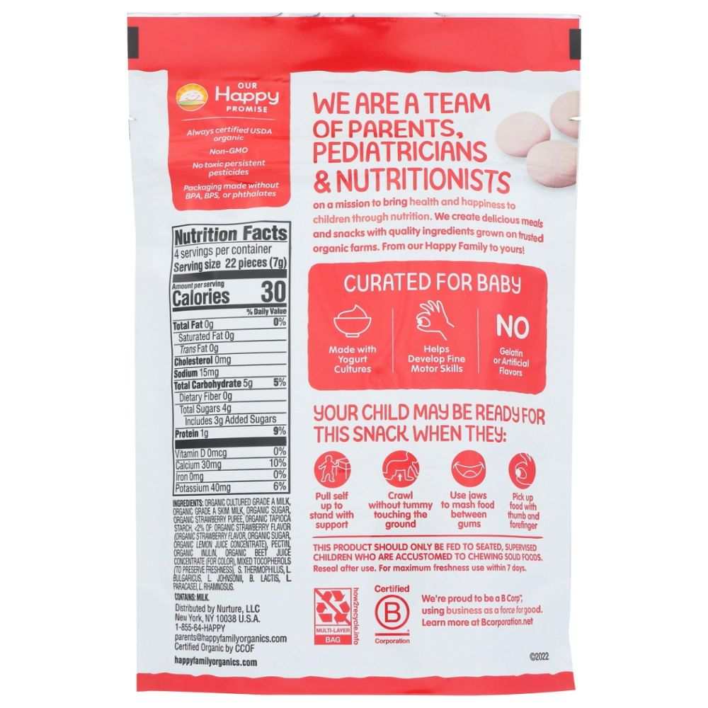 Back of organic baby snack packaging showing nutrition facts, product benefits, and ingredients