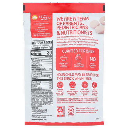 Back of organic baby snack packaging showing nutrition facts, product benefits, and ingredients