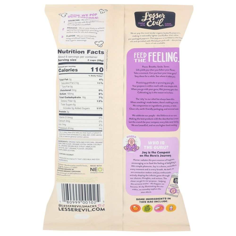 LESSER EVIL Himalayan Sweetness Gourmet Popcorn 6.4 oz with Himalayan pink salt and organic cane sugar