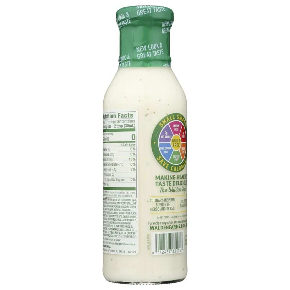 WALDEN FARMS Bleu Cheese Zero Calorie Dressing bottle beside chicken wings and salad