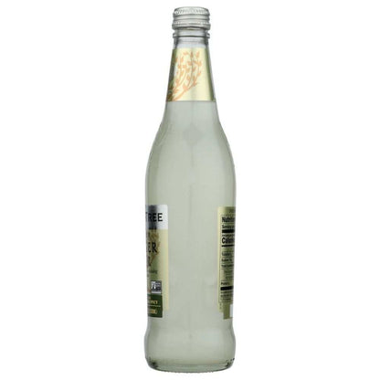 Clear glass bottle with gold label and silver cap, featuring nutrition facts