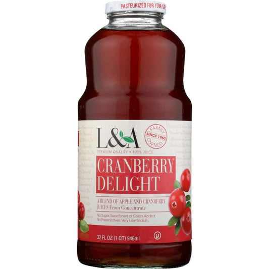 L & A JUICE Cranberry Delight Juice 32 oz bottle with natural, no sugar added cranberry juice