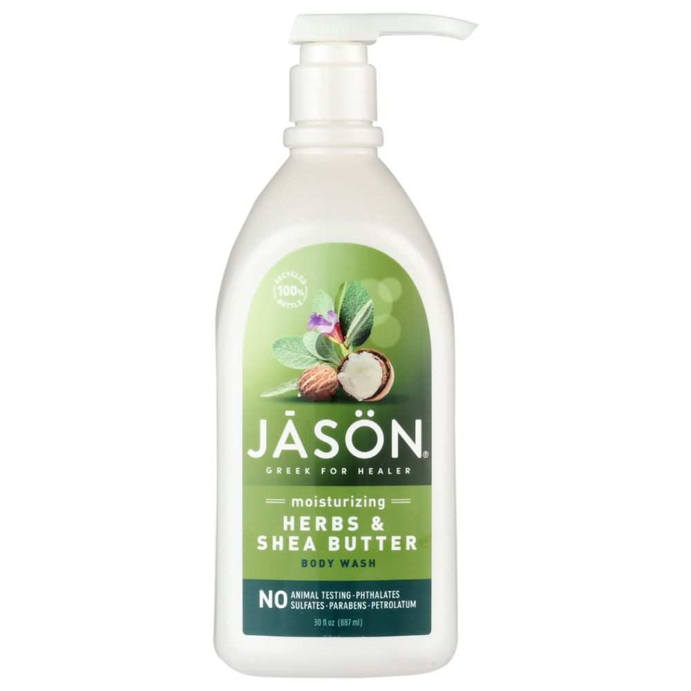 JASON Moisturizing Herbs and Shea Butter Body Wash bottle with herbal ingredients and fresh morning dew effect