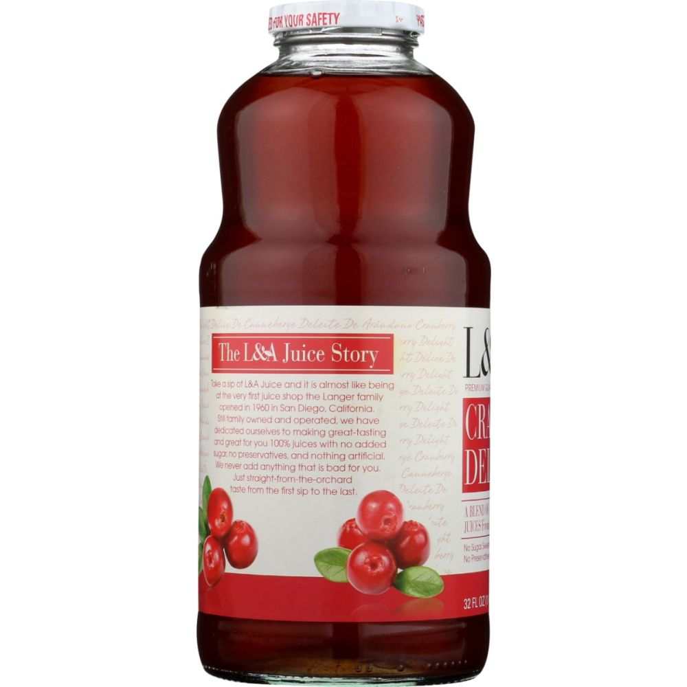L & A JUICE Cranberry Delight Juice bottle with no added sugar or preservatives