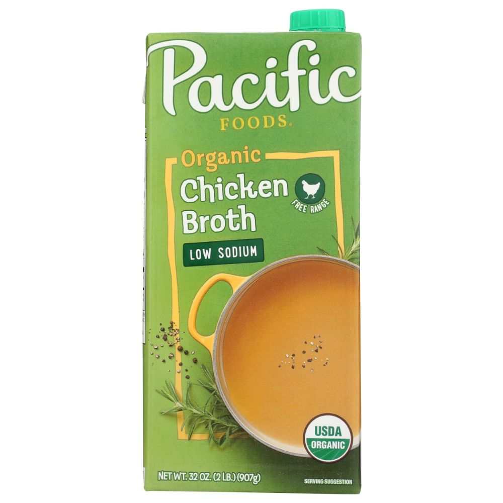 Pacific Foods Low Sodium Organic Free Range Chicken Broth 32 oz carton with fresh chicken and herbs background