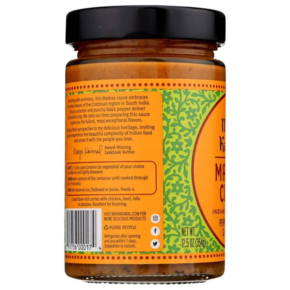 MAYA KAIMAL Madras Curry Indian Simmer Sauce bottle with tropical South Indian flavors and aromatic spices