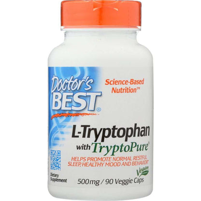 Bottles of DOCTORS BEST L-Tryptophan 500mg supplement with TryptoPure, 90 capsules