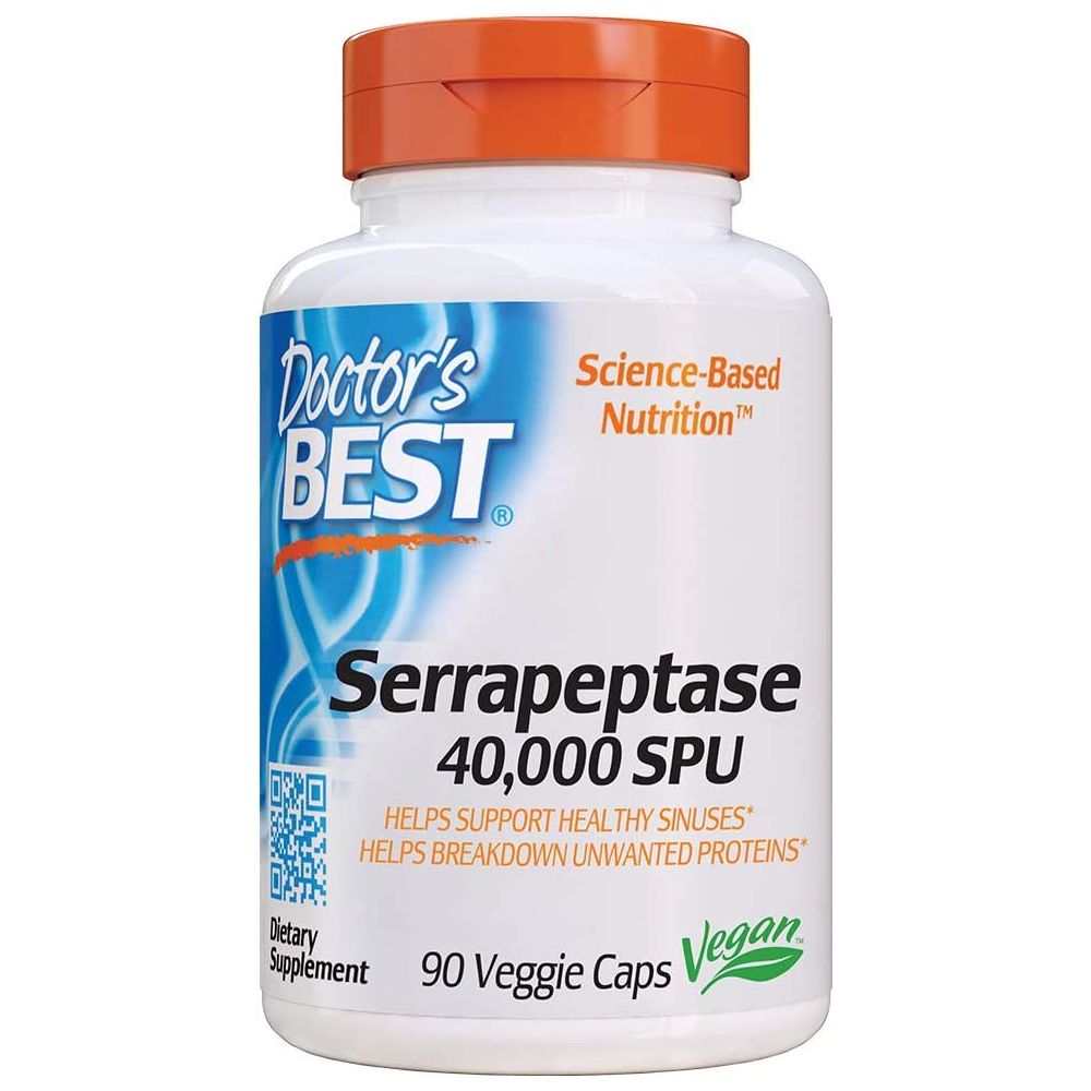 Doctors Best Serrapeptase 40000SPU supplement bottle with 90 vegetarian capsules for enzyme support and wellness