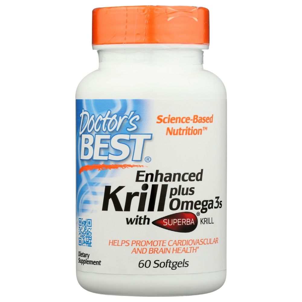 Doctor's Best Enhanced Krill Plus Omega3s supplement bottle with 60 softgels for heart and brain health
